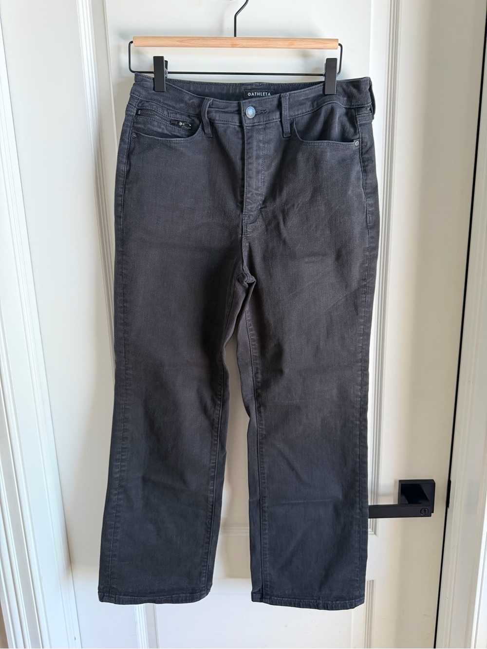 Athleta Flex Kick Flare Jeans Black Size 10 Stretch Mid Rise Zip Pocket Denim